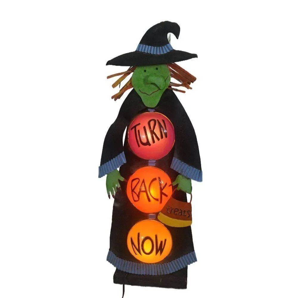 Halloween Stand Up Metal Witch With Alternating Lights Flashing TURN BACK NOW